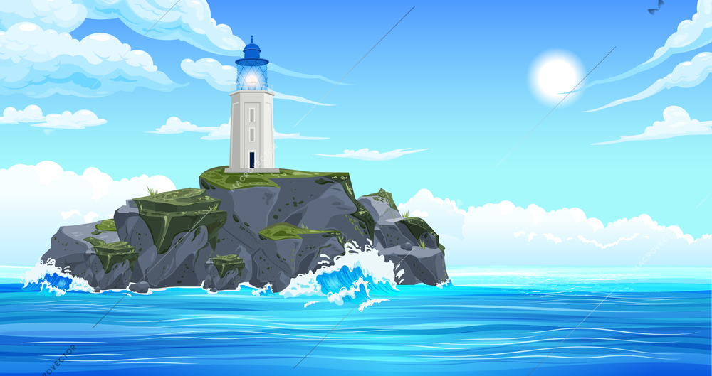 Lighthouse composition with outdoor landscape of sea with rock island and single tower building on it vector illustration