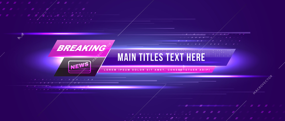 Breaking news composition of abstract background with glowing lights and neon colored bars with editable text vector illustration