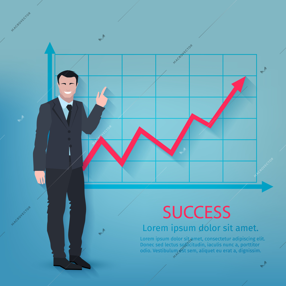 Successful businessman in front of upward development chart poster vector illustration