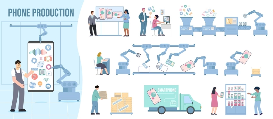 Phone production flat set of isolated compositions with icons of design automated assembly lines and delivery vector illustration