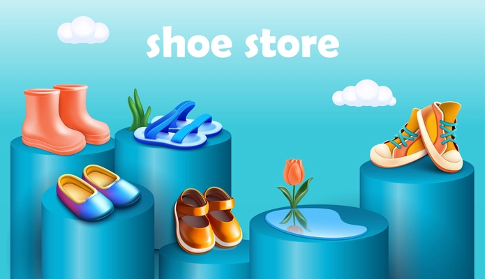 3d shoes composition with editable text sky gradient background and cylinder podiums with shiny boots pairs vector illustration