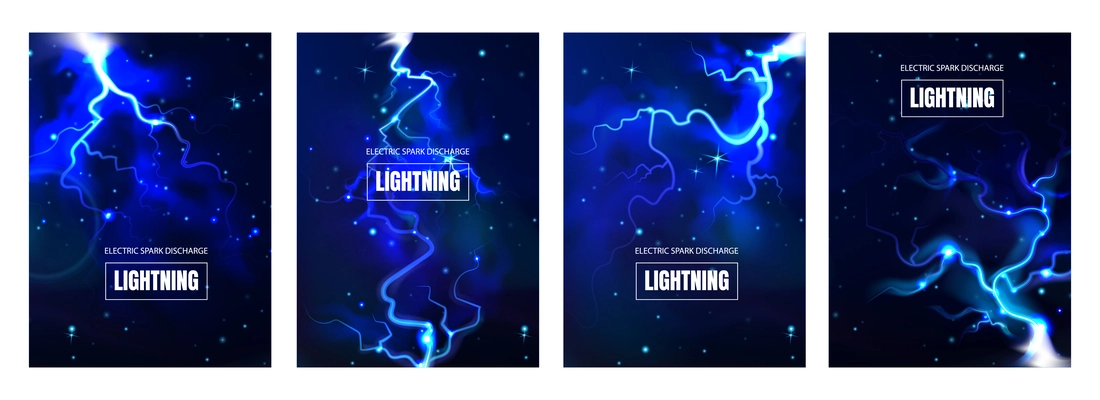 Lightning posters realistic set with electric blue spark discharge in night sky isolated vector illustration