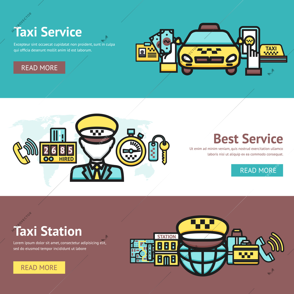 Taxi service horizontal banner set with transportation elements isolated vector illustration