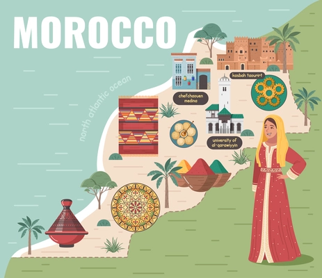 Morocco touristic travel map flat composition of text woman in traditional dress and country map icons vector illustration