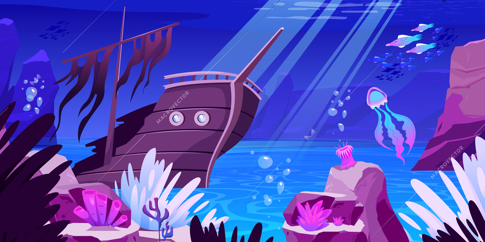 Underwater cartoon colored poster with destroyed sunken wooden boat on seabed surrounded by corals and marine  inhabitants flat vector illustration