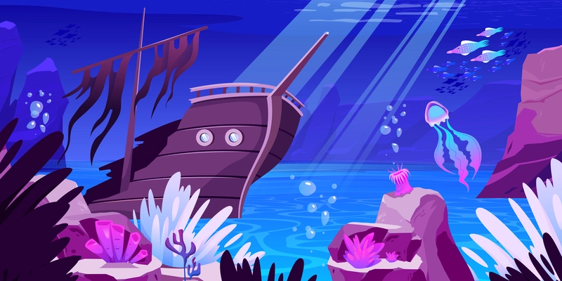 Underwater cartoon colored poster with destroyed sunken wooden boat on seabed surrounded by corals and marine  inhabitants flat vector illustration