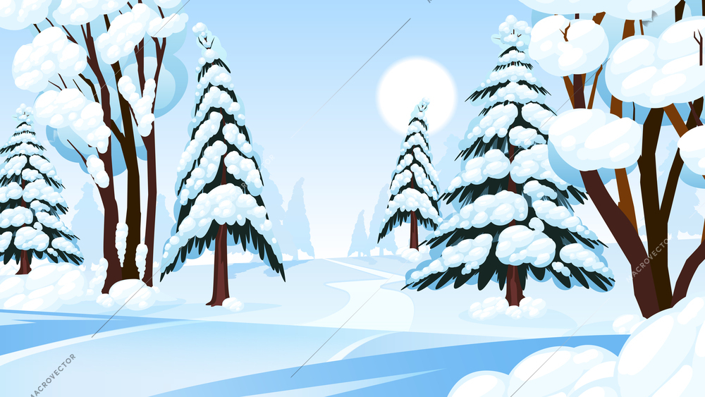 Sunny winter forest cartoon composition with natural trees covered with hoarfrost and snow vector illustration