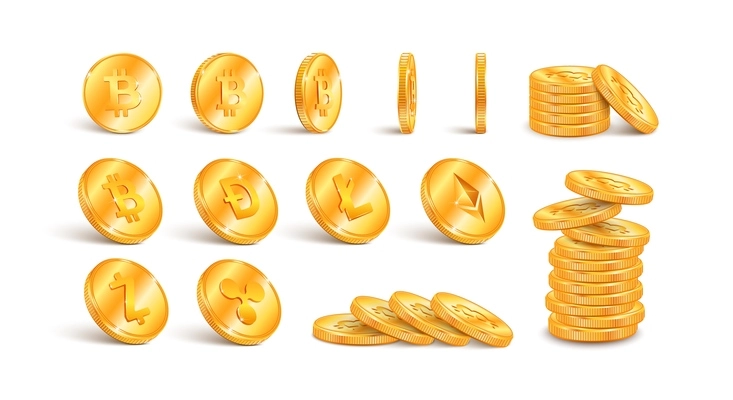 Crypto coin realistic set with isolated icons of golden coins with engraved symbols representing certain token vector illustration