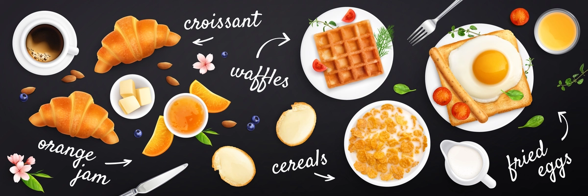 Breakfast realistic composition on dark background with ornate text captions arrows and top views of meal vector illustration