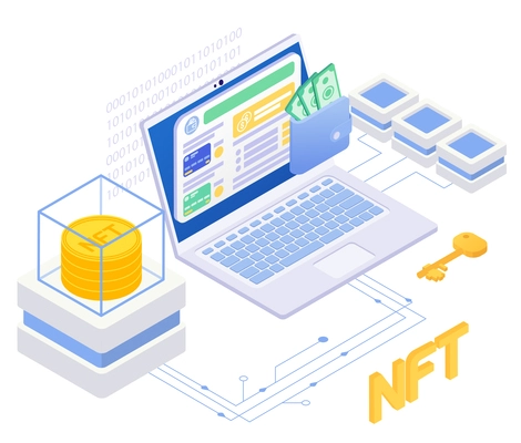 Secure payment isometric composition with isolated view of laptop connected to mining servers with nft key vector illustration