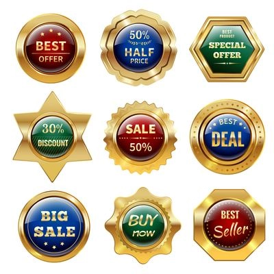 Golden sale best offer special discount retail business labels set isolated vector illustration