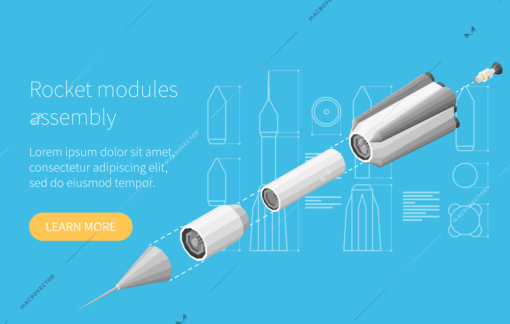 Rocket building isometric concept with spacecraft modules assembling vector illustration
