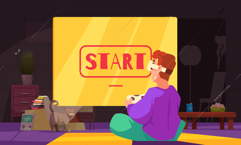 Gamification cartoon composition with man in front of game console vector illustration