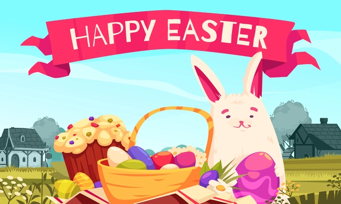 Easter cartoon concept with holyday rabbit and colorful eggs vector illustration