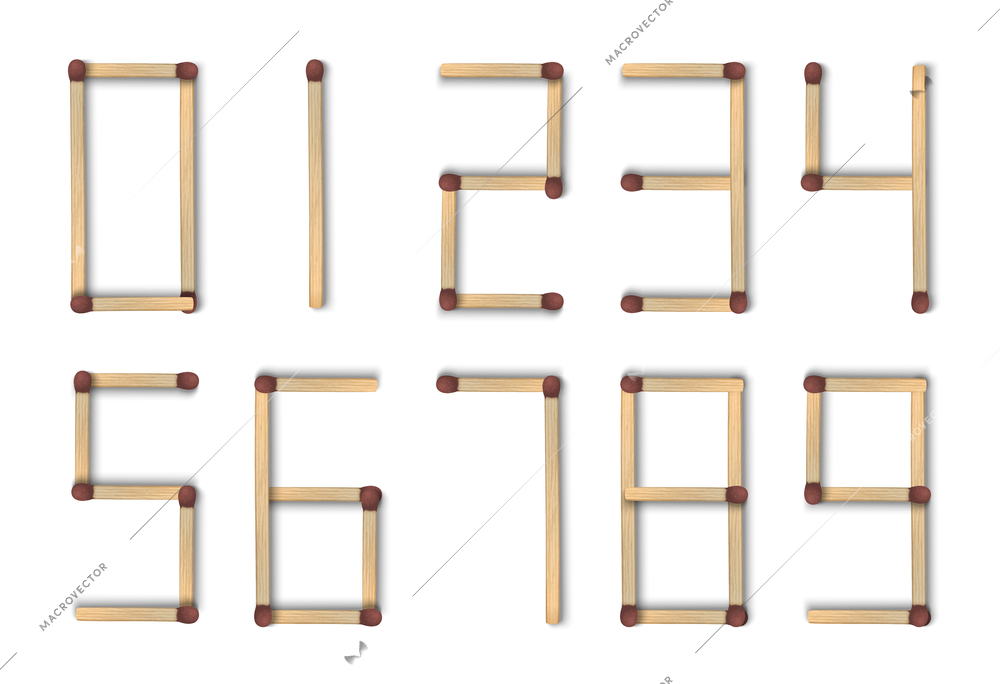 Arabic numbers made of simple wooden match sticks realistic vector illustration