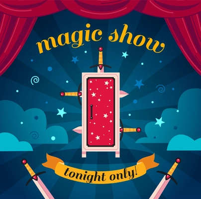 Magic show cartoon poster with box stabbed with swords vector illustration