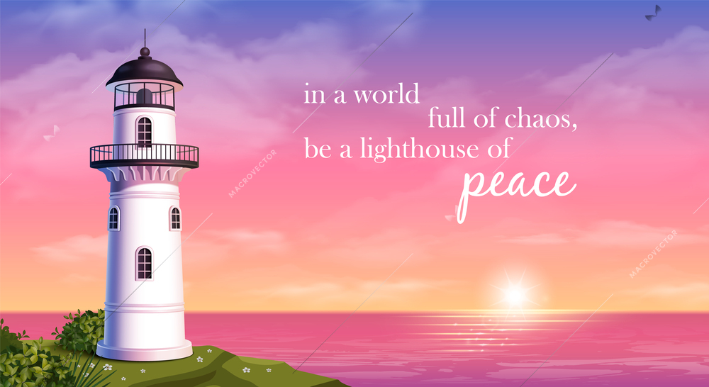 Lighthouse on dusk realistic poster with colorful sea and sky on background vector illustration