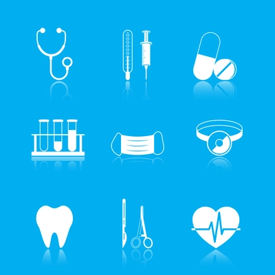 Health care tools icons set of stethoscope tube mask heart isolated vector illustration