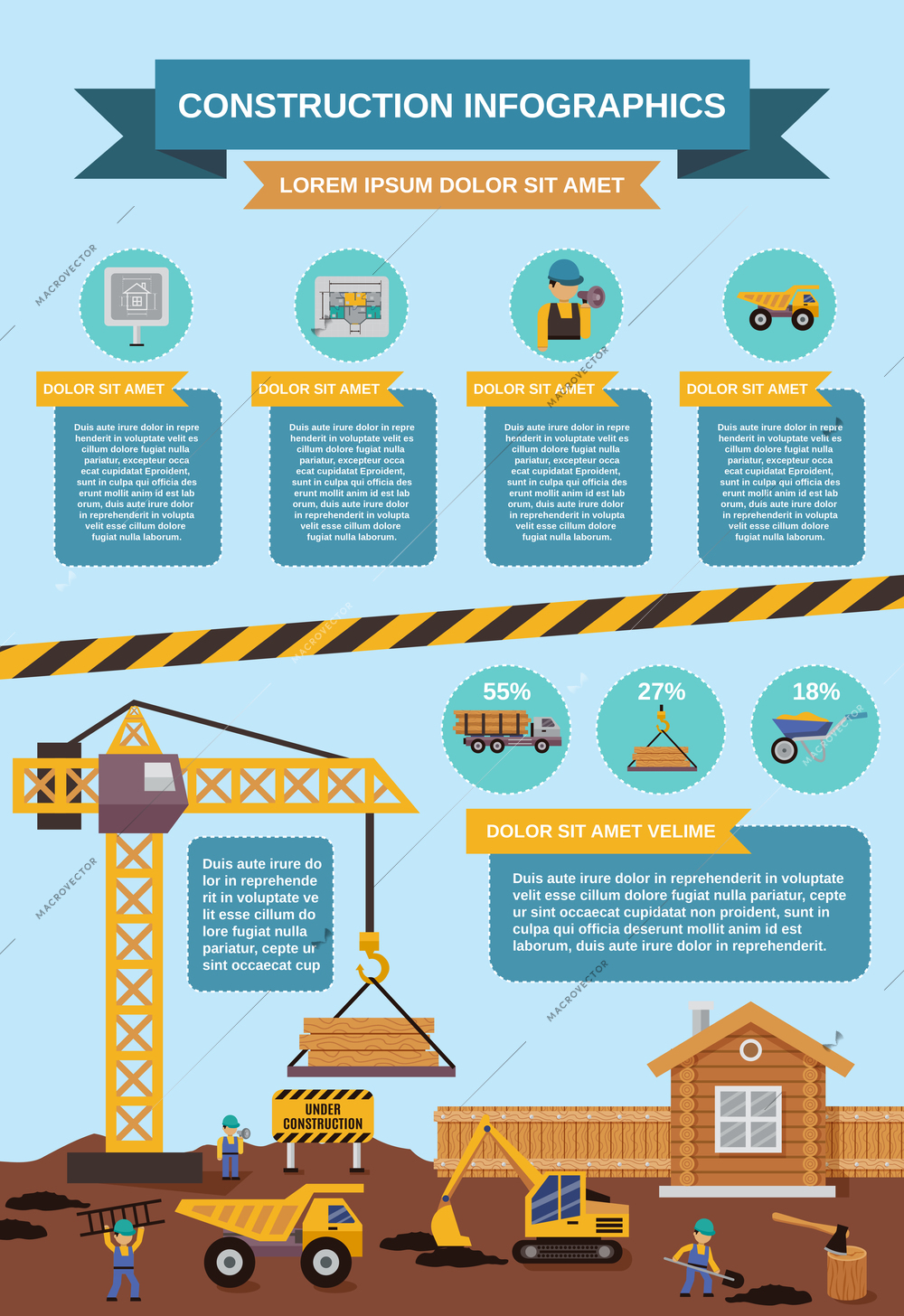 Construction infographics set with trucks excavator and building machinery vector illustration