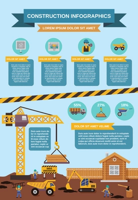 Construction infographics set with trucks excavator and building machinery vector illustration