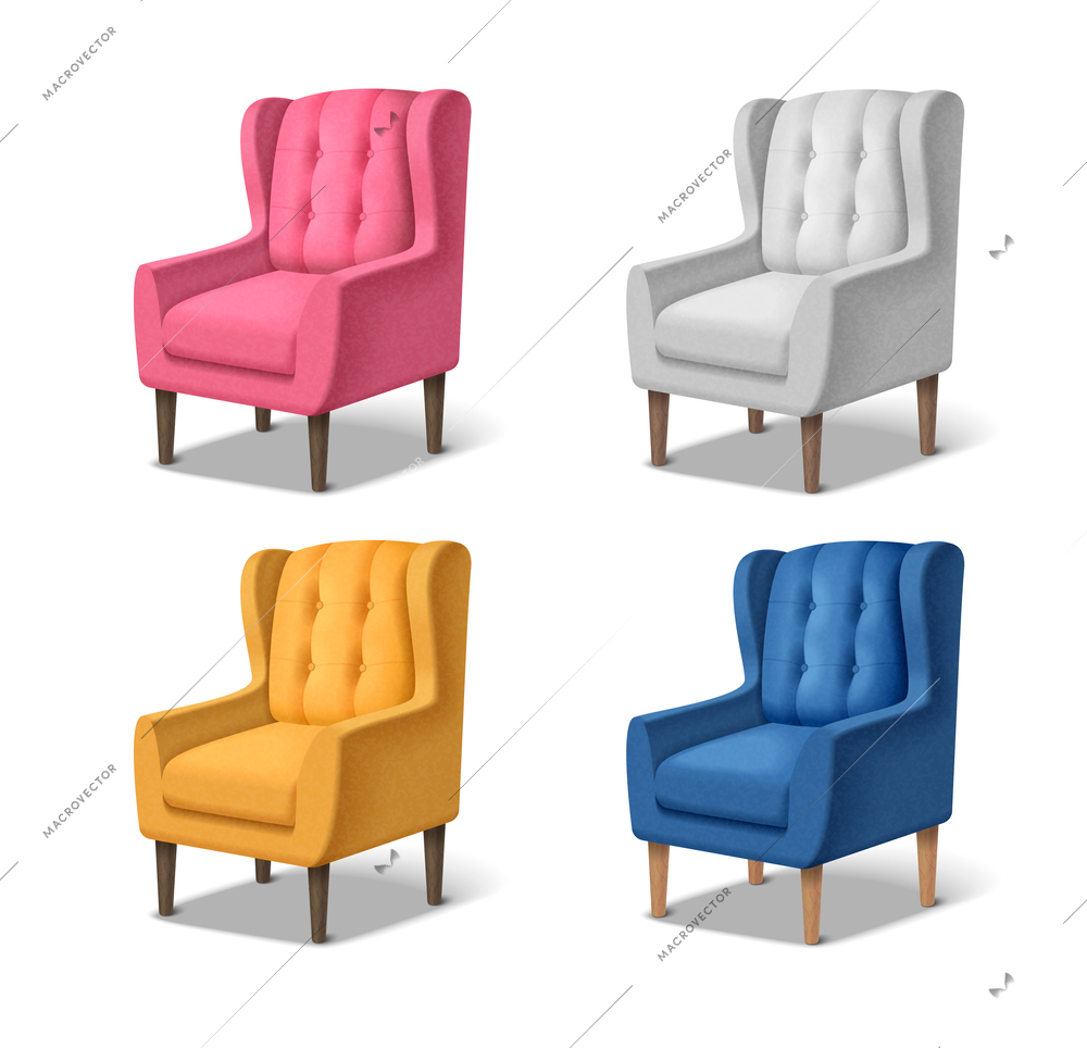 Armchair realistic icons set with classic soft arm chairs in different colors isolated vector illustration