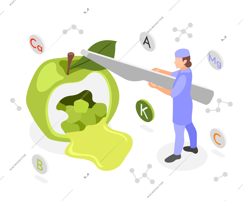 Food of future abstract composition with small female character cutting by knife big green apple growing in laboratory isometric vector illustration
