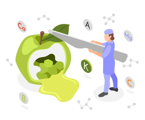 Food of future abstract composition with small female character cutting by knife big green apple growing in laboratory isometric vector illustration