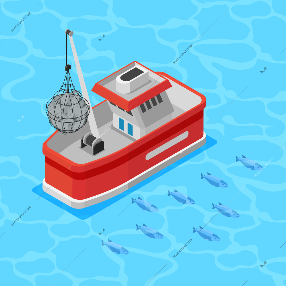 Mariculture industry isometric background with fishing boat and shoal of sea fish in clear water vector illustration