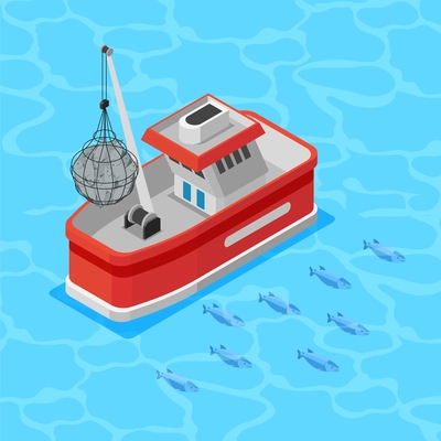 Mariculture industry isometric background with fishing boat and shoal of sea fish in clear water vector illustration