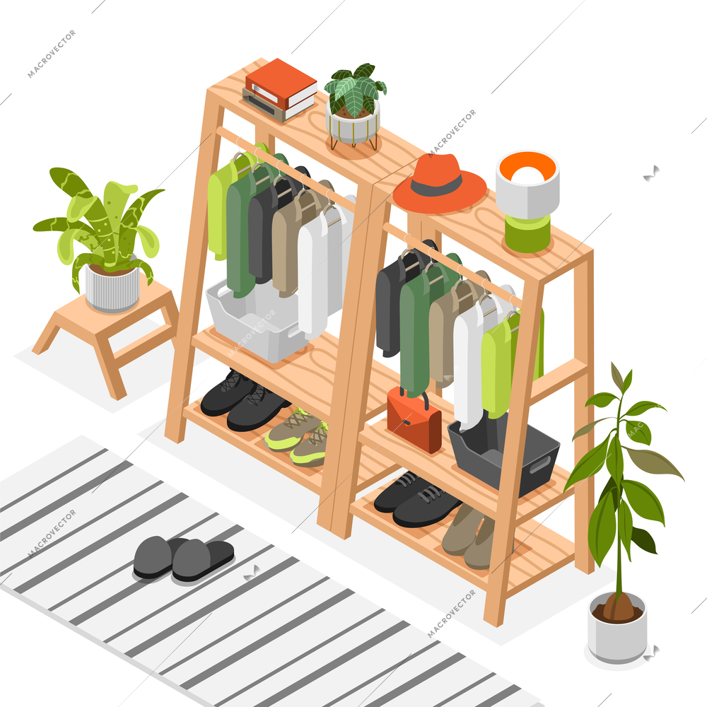 Store room isometric composition with view of shelf stand with clothes and shoes on blank background vector illustration