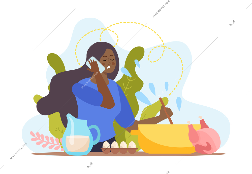 Home safety flat composition with housewife cooking dinner vector illustration