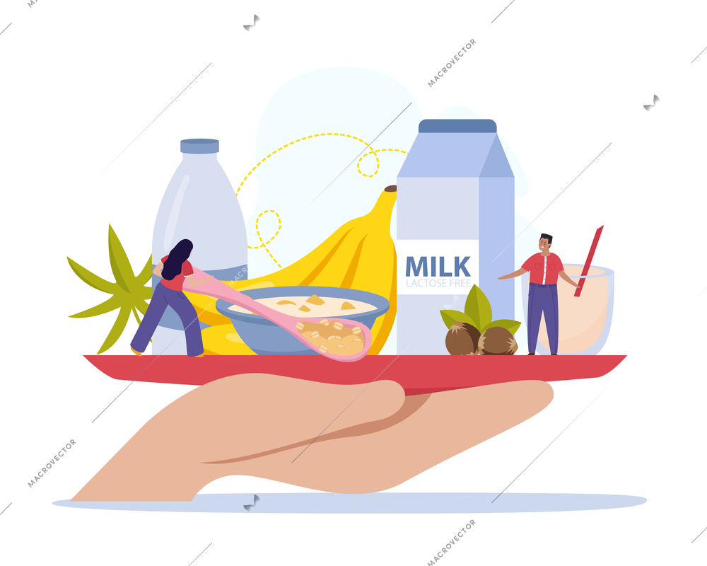 Vegan milk flat composition with human hand holding lactose free beverages vector illustration