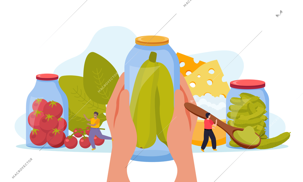 Canned food flat composition with human hands holding glass jar vector illustration