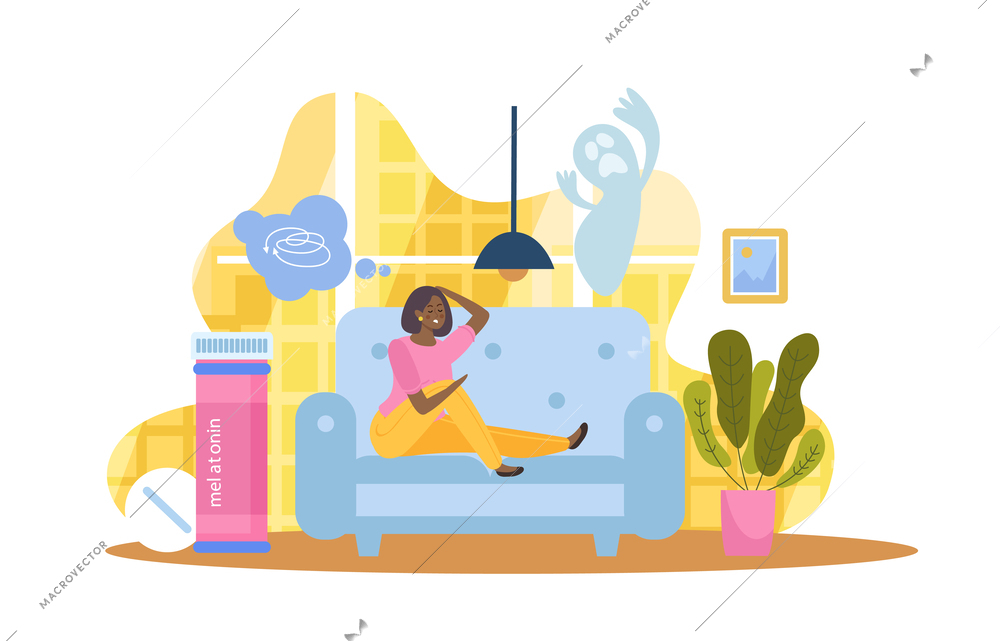 Sleep disorder flat composition with woman suffering from insomnia vector illustration