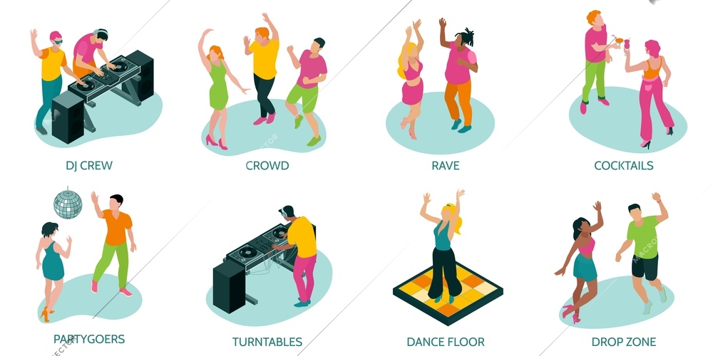 Isometric dj party set of isolated compositions with icons of dancefloor turntables disk jockey and text vector illustration