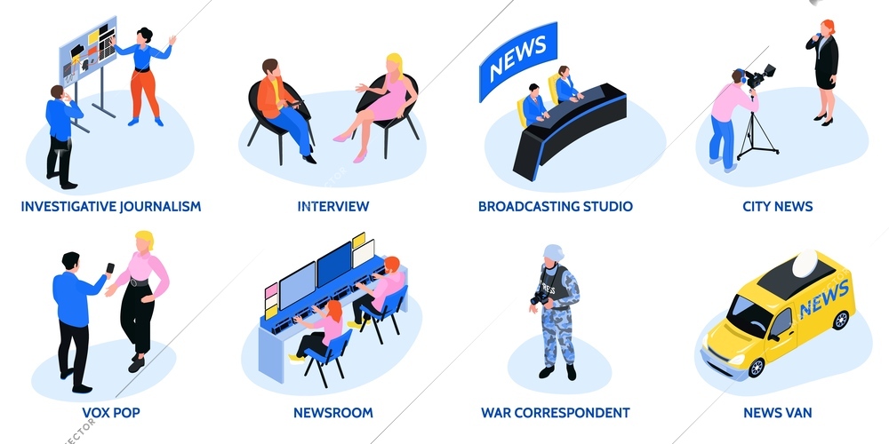 Isometric journalist set with isolated compositions of icons with newsroom studio interview van and human characters vector illustration