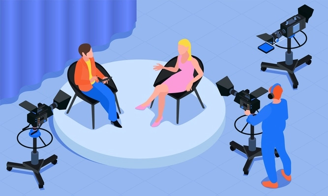 Isometric journalist composition with interview reporter and guest in studio vector illustration