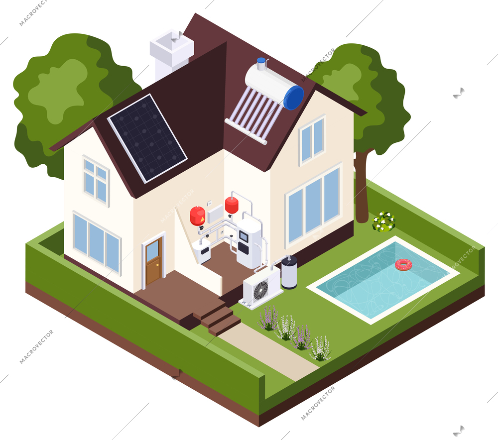 Smart efficient heating and cooling climate systems isometric composition with outdoor view of house with batteries vector illustration