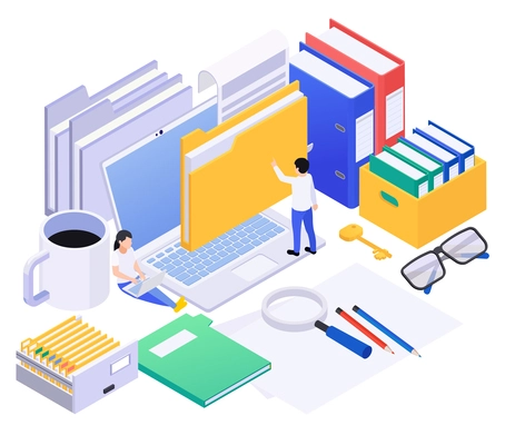 Archive documents processing isometric composition with small human characters workplace elements and laptop with paper folders vector illustration