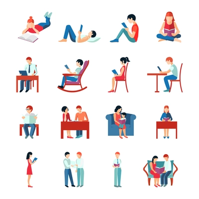 Reading people flat character set with books magazines newspapers isolated vector illustration