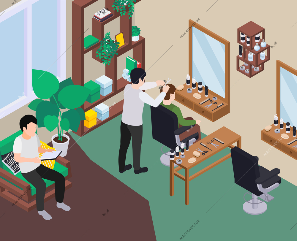 Barbershop hair salon isometric composition with indoor interior view and male barber hairdresser character with client vector illustration