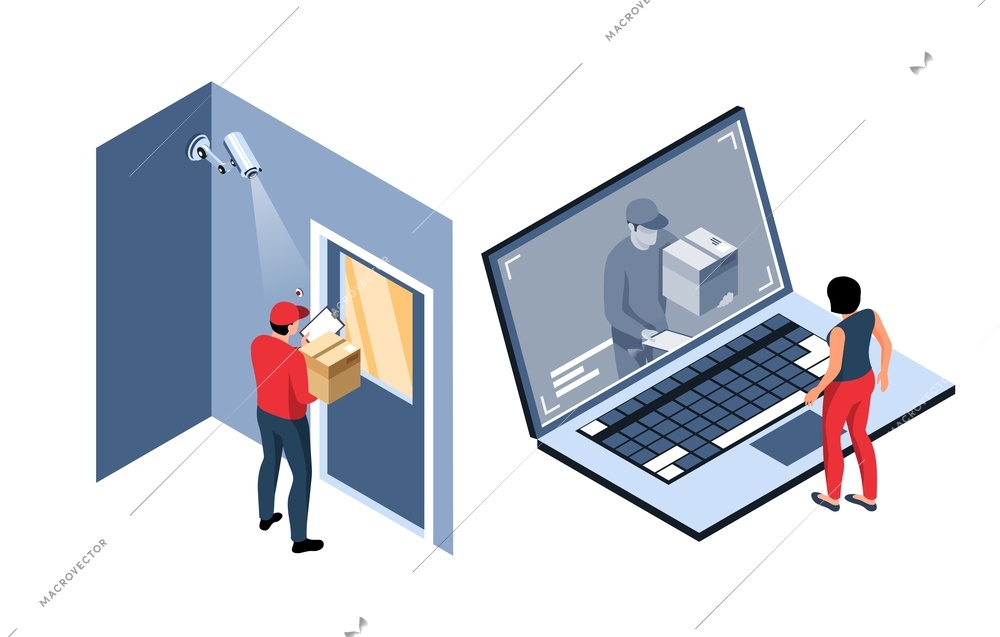 Isometric home security set of two compositions with delivery man at door on cctv laptop screen vector illustration