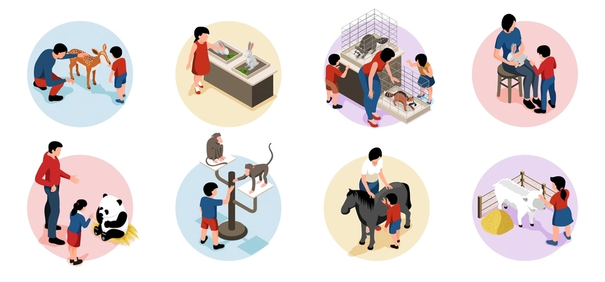 Isometric mini zoo children set of circle compositions with adults and kids watching and touching animals vector illustration