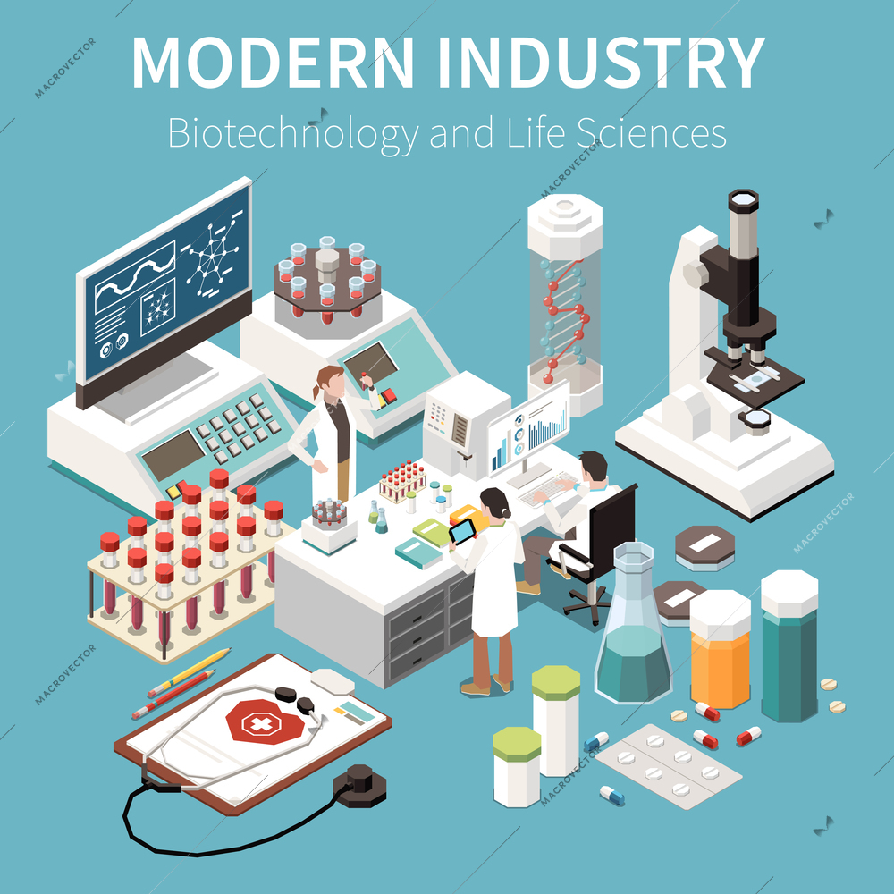 Modern industry isometric composition with equipment tools and researchers working in field of biotechnology and life sciences vector illustration