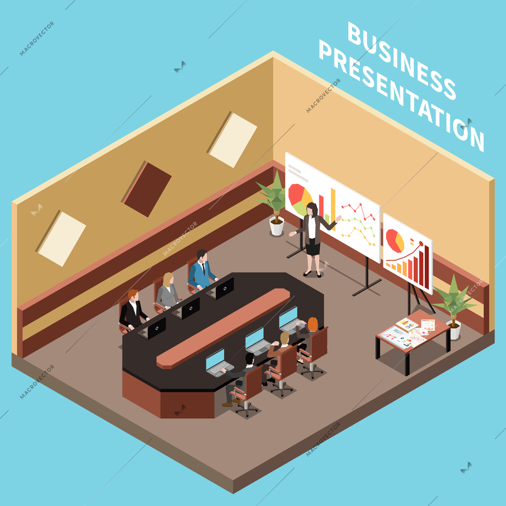 Male and female employees during business presentation in meeting room isometric composition vector illustration