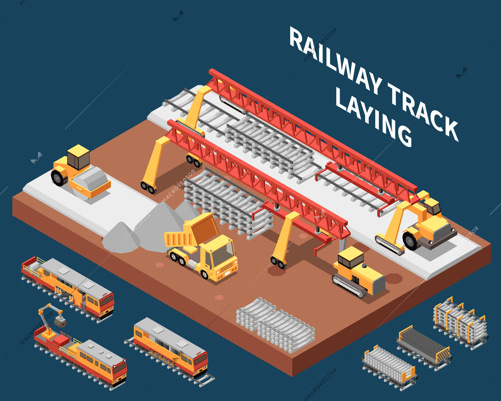 Railway track laying isometric composition with machinery and materials for railroad repair and construction vector illustration