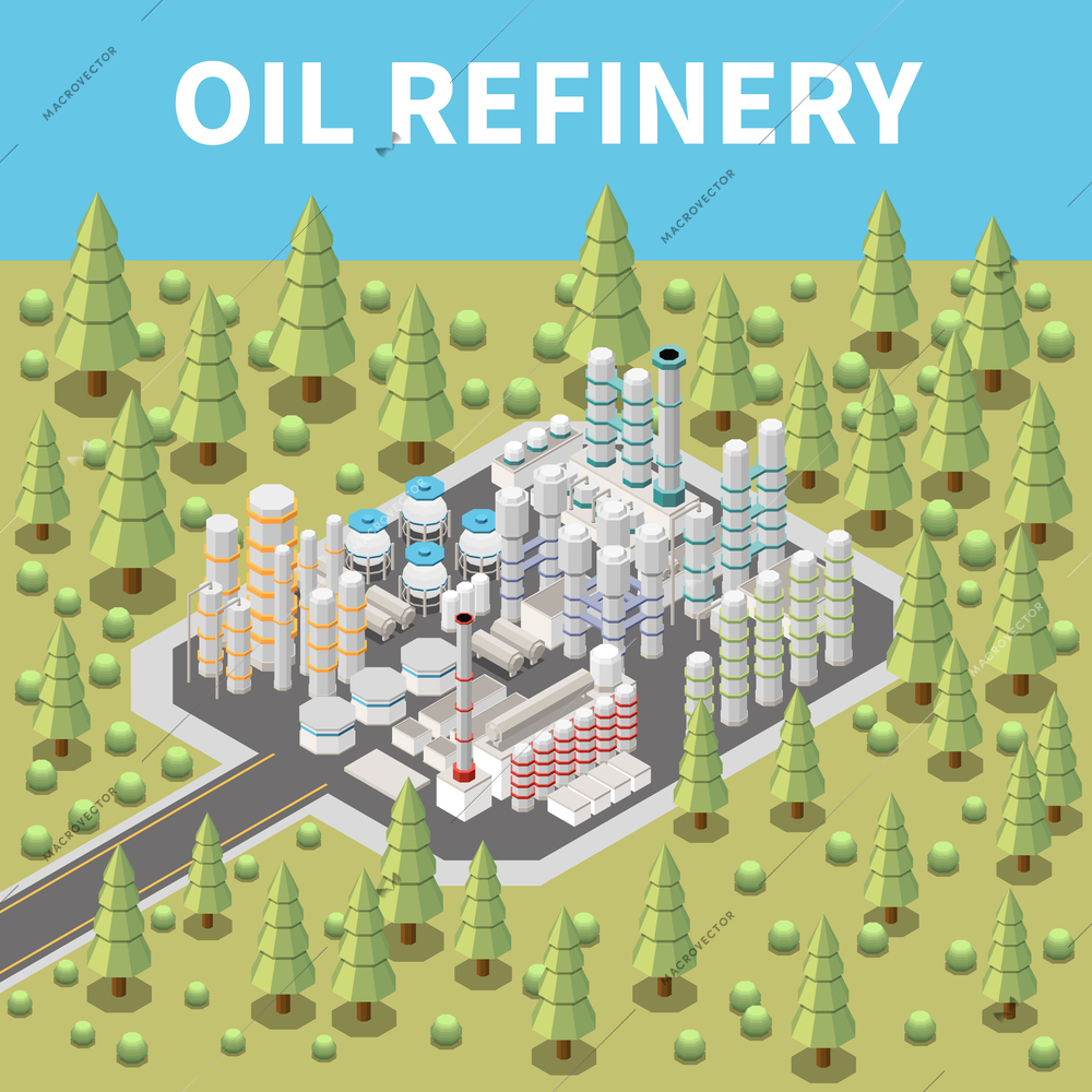 Oil refinery plant building in forest 3d isometric vector illustration