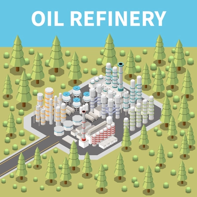 Oil refinery plant building in forest 3d isometric vector illustration