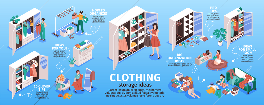 Clothing storage ideas isometric infographic template with women organizing their wardrobe on blue background vector illustration