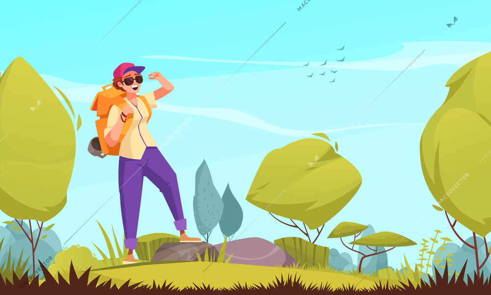 Happy woman with backpack during hiking trip in forest flat vector illustration